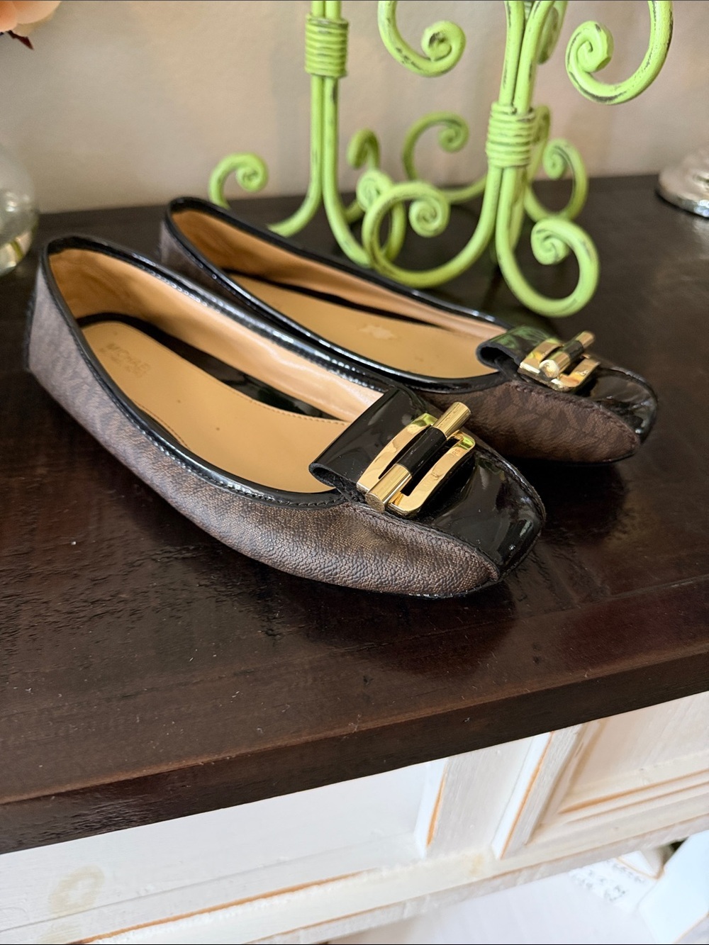 Michael Kors Brown and Black Leather Ballet Flats with Gold Hardware